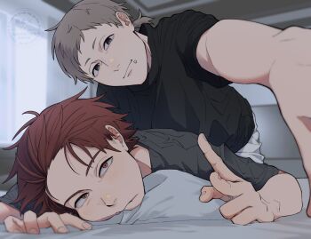 Rule 34 | 2boys, black shirt, blush, character request, closed mouth, commentary request, copyright request, face piercing, fingernails, grey eyes, grey hair, indoors, lip piercing, lying, male focus, multiple boys, okiba0, on stomach, piercing, selfie, shirt, short eyebrows, short hair, v, watermark