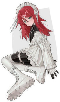 1boy bodysuit boots commentary dress flat_chest frilled_dress frills green_eyes highres latex latex_bodysuit latex_thighhighs long_hair looking_at_viewer maid_headdress original red_hair saaal653 sipher_(sipher) skin_tight solo thighhighs trap white_dress white_thighhighs