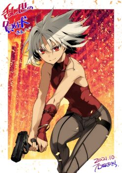 1girl 428 428:_fuusa_sareta_shibuya_de beretta_px4 brown_pants canaan_(character) canaan_(series) closed_mouth commission dated gun handgun holding holding_gun holding_weapon ishida_akira jewelry looking_at_viewer medium_hair necklace pants red_eyes skeb_commission smile solo two-handed weapon