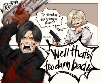 1boy 1girl beard_stubble black_coat black_gloves blonde_hair blood blood_on_face brown_hair chainsaw che_sue00 coat commentary english_commentary english_text facial_hair furrowed_brow gloves grace_ashcroft gun handgun highres holding holding_chainsaw holding_gun holding_weapon leon_s._kennedy open_mouth parted_bangs resident_evil resident_evil_requiem shirt short_hair short_sleeves shouting stubble t-shirt tears trembling twitter_username upper_body weapon white_background white_eyes white_shirt