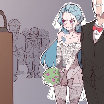 1girl 3boys angry blue_hair blush bouquet bow bowtie detached_sleeves dress flower garter_straps highres jinx_(league_of_legends) league_of_legends lingerie long_hair multiple_boys pink_eyes sobbing tattoo thighhighs tuxedo underwear veil wedding wedding_dress