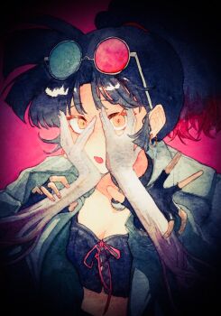 Rule 34 | 1girl, :o, an-an lee, black gloves, black hair, black shirt, breasts, cleavage, disembodied hand, eyewear on head, fingerless gloves, gloves, green-tinted eyewear, green jacket, hakamori shishamo, hands on another's cheeks, hands on another's face, heterochromatic eyewear, highres, holding another's wrist, jacket, looking at viewer, painting (medium), ponytail, red-tinted eyewear, red background, reverse:1999, round eyewear, shirt, solo, tinted eyewear, traditional media, upper body, vignetting, watercolor (medium), yellow eyes