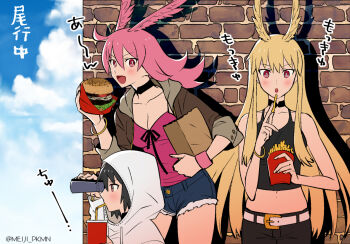 3girls binoculars black_shirt breasts brick_wall burger commentary_request cup drinking_straw drinking_straw_in_mouth eating fate/grand_order fate_(series) food french_fries head_wings hildr_(fate) holding holding_burger holding_food hood hoodie long_hair medium_breasts medium_hair meiji_ken midriff multiple_girls ortlinde_(fate) pink_hair pink_shirt red_eyes shirt short_hair shorts siblings sisters thrud_(fate) twitter_username valkyrie_(fate) wings
