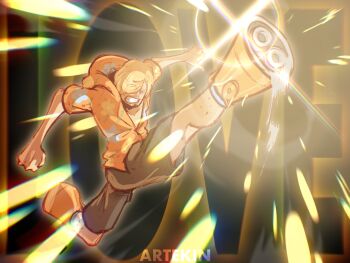 Rule 34 | 1boy, blonde hair, boots, cakmaktekin, facial hair, flying kick, hair over one eye, highres, jacket, kicking, light particles, male focus, mechanical boots, mustache stubble, one piece, sanji (one piece), shorts, solo, stubble