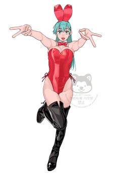 1girl absurdres alternate_costume animal_ears black_boots blue_eyes blue_hair boots bow bowtie breasts cleavage commentary_request detached_collar double_v fake_animal_ears full_body high_heel_boots high_heels highres kantai_collection large_breasts leotard long_hair looking_at_viewer ojipon open_mouth playboy_bunny red_bow red_bowtie red_leotard simple_background solo suzuya_(kancolle) thigh_boots v watermark white_background