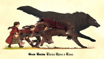 1girl animal animal_ears artist_name axe basket black_footwear body_fur boots braid brown_fur brown_hair cape capelet commentary dimension_20 dress english_commentary english_text feriowind from_side full_moon fur-trimmed_footwear fur_trim green_dress holding holding_axe holding_basket knee_boots long_hair looking_ahead moon multiple_forms multiple_views open_mouth red_cape red_capelet running signature smile transformation twin_braids werewolf wolf wolf_ears wolf_girl yellow_background yellow_eyes ylfa_snorgelsson