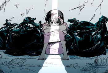 1girl aged_down aubrey_(faraway)_(omori) aubrey_(omori) barefoot black_eyes black_hair bow crossed_arms hair_bow highres knees_up long_hair long_shirt looking_at_viewer omori pink_bow pink_shirt shakomori_w shirt short_sleeves sitting solo trash_bag