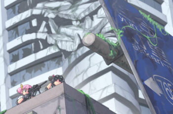 2girls binoculars black_hair bolt_action brown_eyes city destruction elbow_pads gloves gun hair_ribbon hase_yu military multiple_girls original pink_hair remington_model_700 ribbon rifle rooftop scope short_twintails sign sniper sniper_rifle twintails war weapon when_you_see_it