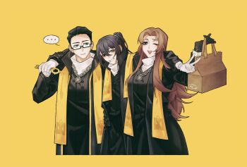 ... 1girl 2boys androgynous bag bespectacled black_hair black_robe blue_eyes brown_hair chain chain_necklace commentary_request dieci_association_south_uniform ebicha0228 glasses high_ponytail highres holding holding_bag holding_key hong_lu_(project_moon) jewelry key limbus_company long_hair meursault_(project_moon) multiple_boys necklace one_eye_closed ponytail project_moon robe rodion_(project_moon) short_hair simple_background smile spoken_ellipsis standing stole yellow_background