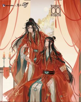 2boys ahoge alternate_costume bag bishounen black_eyes black_hair black_sash candle candlestand changmingsuo chinese_clothes chinese_wedding closed_mouth copyright_name couple curtains hair_ribbon hanfu hanging_lantern hanging_scroll headband high_ponytail highres holding holding_bag husband_and_husband jade_(gemstone) jewelry lan_wangji long_hair long_sleeves looking_at_another male_focus mdzs_official modao_zushi multiple_boys official_art ponytail red_hanfu red_headband red_ribbon ribbon robe sash scroll sidelocks sitting smile standing table tassel third-party_source very_long_hair wei_wuxian wide_sleeves xiao_guan_(headdress) yaoi yaopei yellow_eyes