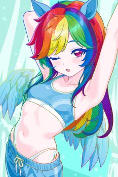 1girl absurdres animal_ears armpits arms_up blonde_hair blue_hair blue_shorts blue_sports_bra blue_wings breasts collarbone commentary drawstring english_commentary feathered_wings finn_flint green_hair highres horse_ears horse_girl long_hair looking_at_viewer multicolored_hair my_little_pony my_little_pony:_friendship_is_magic navel one_eye_closed open_mouth orange_hair panties panty_straps pegasus purple_eyes purple_hair rainbow_dash rainbow_hair red_hair shorts small_breasts solo sports_bra underwear white_panties wings