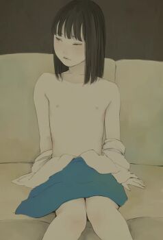 1girl breasts breasts_out brown_eyes brown_hair closed_mouth clothes_around_waist cowboy_shot expressionless flat_chest highres legs_together loli looking_afar medium_hair nipples original otohime_(youngest_princess) shirt sitting solo white_shirt