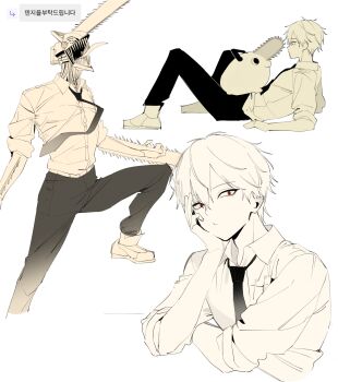 1boy beka0820 black_necktie black_pants chainsaw chainsaw_devil chainsaw_man collared_shirt commentary_request creature crossed_arms denji_(chainsaw_man) dual_persona fighting_stance head_on_hand highres korean_commentary korean_text limited_palette looking_at_viewer lying male_focus multiple_views necktie on_back open_mouth pants pochita_(chainsaw_man) red_eyes sharp_teeth shirt shoes sleeves_rolled_up sneakers teeth tongue tongue_out upper_body white_background white_shirt white_shoes