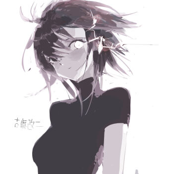 1girl bad_id breasts character_name closed_mouth commentary_request eye_trail furutaka_(kancolle) furutaka_kai_ni_(kancolle) glowing glowing_eye hageshii_nakano hair_between_eyes heterochromia highres kantai_collection light_trail looking_at_viewer medium_breasts messy_hair monochrome short_hair short_sleeves simple_background solo upper_body