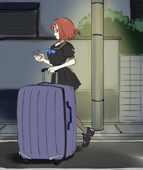 1girl black_sailor_collar black_shirt black_skirt briefcase brown_eyes brown_hair commission controller eudetenis grin highres ichika_(pretzelfan) lamppost loafers night original outdoors pantyhose remote_control road rolling_suitcase sailor_collar shirt shoes skirt smile street suitcase walking