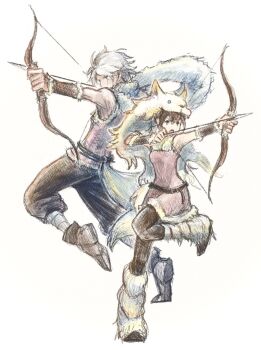 1boy 1girl archery arrow_(projectile) boots bow_(weapon) brown_hair commentary_request double-parted_bangs fur_boots hair_between_eyes highres holding holding_bow_(weapon) holding_weapon octopath_traveler octopath_traveler_i official_alternate_costume open_mouth qqqqqli short_hair simple_background standing therion_(octopath_traveler) tressa_(octopath_traveler) tressa_colzione v-shaped_eyebrows weapon white_background white_hair