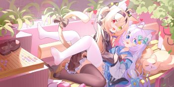 2girls absurdres animal_ear_fluff animal_ears black_hairband black_pantyhose black_thighhighs blonde_hair blue_eyes blue_sailor_collar bow cat_ears cat_girl cat_tail denghuo_ju_(vtuber) fang feet frilled_skirt frills green_eyes hair_between_eyes hairband heterochromia highres indie_virtual_youtuber legs loli long_hair multiple_girls ningmeng_jing_jing_jing_jing no_shoes open_mouth pantyhose purple_hair red_eyes sailor_collar skirt soles tail tail_bow tail_ornament thighhighs toes white_pantyhose white_thighhighs yuri