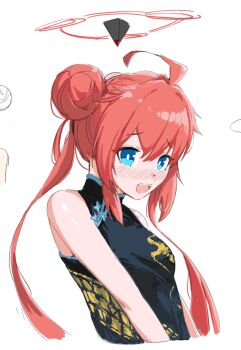 1girl ahoge bare_shoulders black_dress blue_archive blue_eyes blush breasts china_dress chinese_clothes cosplay dragon_print dress embarrassed hair_bun halo kisaki_(blue_archive) kisaki_(blue_archive)_(cosplay) long_hair maki_(blue_archive) open_mouth plentyofempty print_dress red_hair sidelocks simple_background sketch small_breasts solo teeth twintails upper_body upper_teeth_only white_background