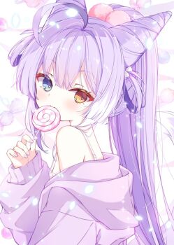 Rule 34 | 1girl, ahoge, blue eyes, blush, candy, cardigan, closed mouth, commentary request, cone hair bun, double bun, eating, food, hair between eyes, hair bun, hair ornament, heterochromia, holding, holding candy, holding food, holding lollipop, korean commentary, lollipop, long hair, long sleeves, looking at viewer, nail polish, off shoulder, pom pom (clothes), pom pom hair ornament, ponytail, purple cardigan, purple hair, purple nails, sleeves past wrists, solo, stellive, subin (subin 2011), swirl lollipop, tenko shibuki, upper body, virtual youtuber, yellow eyes