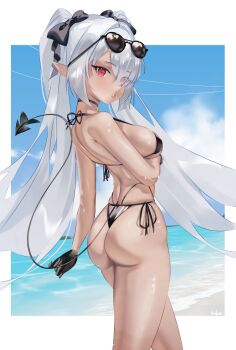 1girl absurdres ass beach bikini black_bikini black_gloves blue_archive dark-skinned_female dark_skin demon_tail eyewear_on_head from_behind gloves hair_over_one_eye hair_ribbon halo highres iori_(blue_archive) iori_(swimsuit)_(blue_archive) lina_114 looking_at_viewer looking_back multi-strapped_bikini_bottom official_alternate_costume pointy_ears ribbon side-tie_bikini_bottom string_bikini sunglasses swimsuit tail twintails
