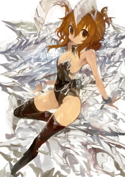 1girl absurdres animal_ears bare_shoulders black_leotard black_thighhighs breasts brown_eyes brown_hair cleavage closed_mouth commentary_request detached_collar folded_ponytail hair_between_eyes highres inazuma_(kancolle) kaamin_(mariarose753) kantai_collection leg_up leotard looking_at_viewer playboy_bunny rabbit_ears small_breasts solo strapless strapless_leotard thighhighs wrist_cuffs