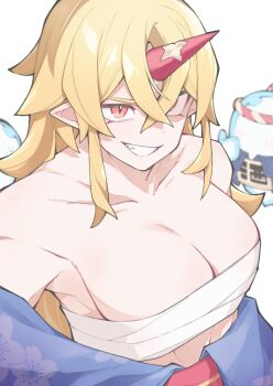 Rule 34 | 1girl, blue kimono, breasts, ch00suke, cherry blossoms, cleavage, commentary request, foul detective satori, grin, highres, hitodama, horns, hoshiguma yuugi, hoshiguma yuugi (kimono), japanese clothes, kimono, large breasts, long hair, looking at viewer, oni, pointy ears, red eyes, single horn, smile, solo, thumbs up, touhou