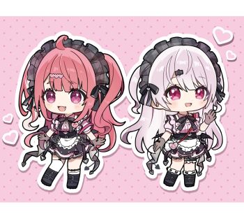 1pinpon 2girls :d ahoge apron asymmetrical_legwear bat_wings black_boots black_headdress black_ribbon black_skirt black_wings blush boots cafe_cutemare_uniform chibi commentary_request demon_tail dot_nose drop_shadow fang frilled_apron frilled_shirt frilled_skirt frilled_socks frilled_thigh_strap frills garter_straps glove_bow gloves grey_gloves hair_ornament hairclip hand_up heart heart_hair_ornament highres layered_skirt letterboxed long_hair looking_at_viewer maid maid_headdress mini_wings miniskirt mole mole_under_eye multicolored_hair multiple_girls name_tag neck_ribbon nijisanji open_mouth outline pink_background pink_hair pink_shirt pink_skirt polka_dot polka_dot_background puffy_short_sleeves puffy_sleeves purple_eyes ribbon sasaki_saku shiina_yuika shin_strap shirt shirt_tucked_in short_sleeves single_thighhigh skirt smile socks sparkling_eyes standing streaked_hair tail thigh_strap thighhighs two-tone_hair two_side_up uneven_legwear very_long_hair virtual_youtuber waist_apron white_apron white_hair white_outline white_socks white_thighhighs wings