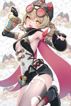 1girl arm_up armpits bare_shoulders black_hat black_nails black_shorts black_thighhighs blonde_hair blush braid braided_hair_rings breasts commentary_request eyewear_on_head fingernails genshin_impact hair_rings hat highres jahoda_(genshin_impact) kapa_draws looking_at_viewer mechanical_arms multiple_expressions nail_polish open_mouth shoes short_hair short_shorts shorts single_mechanical_arm single_thighhigh small_breasts smile socks solo star-shaped_pupils star_(symbol) sunglasses symbol-shaped_pupils thighhighs thighs torn_clothes torn_thighhighs yellow_eyes