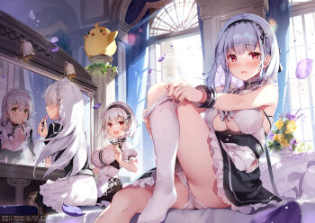 3girls anchor_choker ass azur_lane baby_animal bare_shoulders bird black_dress blunt_bangs bow braid breasts cameltoe center_frills chick cleavage_cutout closed_mouth clothing_cutout cosmetics curtains day dido_(azur_lane) dot_nose dress dress_bow earrings flower frills from_behind from_side hair_between_eyes hair_bow hairband hand_up heart heart_earrings hermione_(azur_lane) highres holding indoors jewelry knee_up lace-trimmed_hairband lace_trim large_breasts lipstick_tube long_hair looking_at_viewer manjuu_(azur_lane) mirror miyase_mahiro multiple_girls no_shoes official_art open_mouth open_window panties petals petticoat profile puffy_short_sleeves puffy_sleeves purple_flower raised_eyebrows red_eyes reflection short_hair short_sleeves single_braid sirius_(azur_lane) sitting skindentation sleeveless smile sunlight thighs two-tone_dress underboob underboob_cutout underwear white_bow white_dress white_hair white_legwear window yellow_flower