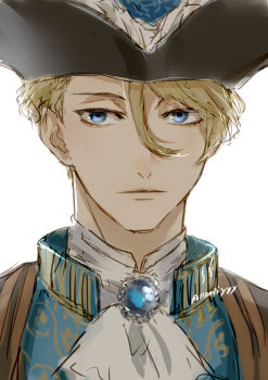 1boy blonde_hair blue_eyes blue_gem character_request closed_mouth commentary_request copyright_request gem hair_between_eyes hat high_collar looking_at_viewer male_focus nori20170709 portrait short_hair simple_background solo twitter_username white_background