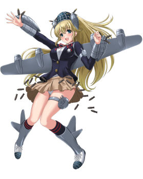 1girl b-29 b-29_superfortress blazer blonde_hair blue_eyes bomb chaki-yam explosive female_focus freckles headgear jacket kneehighs knees_together_feet_apart long_hair original panties pantyshot personification propeller school_uniform smile socks solo thigh_strap underwear wings