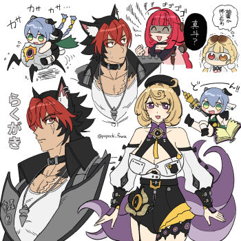 1boy 4girls alice_thymefield animal_ear_fluff animal_ear_piercing animal_ears asymmetrical_shorts bare_shoulders beret black_hair black_hat black_jacket black_sailor_collar black_shorts blonde_hair blue_hair blush book braid braided_twintails breasts button_gap cardigan chibi cleavage closed_eyes closed_mouth collar collarbone colored_speech_bubble cowlick crossed_bangs detached_sleeves dog_boy dog_ears earrings ethereal_(zenless_zone_zero) flying_sweatdrops garter_straps goat_ears goat_girl goat_horns green_eyes hair_between_eyes hair_ornament hat hearing_aid heterochromia high-waist_shorts highres holding holding_staff horns jacket jewelry komano_manato long_hair looking_at_another looking_at_viewer low_twintails lucia_elowen mole mole_under_mouth motion_lines multicolored_hair multiple_girls multiple_scars multiple_views muscular muscular_male necklace open_book open_mouth pectorals pink_cardigan pointy_ears popochi_fuwa purple_eyes rabbit_ears rabbit_girl red_eyes red_hair sailor_collar scar scar_across_eye scar_on_chest scar_on_face shirt short_hair shorts simple_background single_garter_strap sitting speech_bubble sphere_hair_ornament spiked_jacket staff sweat tentacle_girl tentacle_tail tentacles thought_bubble translation_request twin_braids twintails ukinami_yuzuha v-shaped_eyebrows white_background white_shirt yellow_eyes yidhari_murphy zenless_zone_zero
