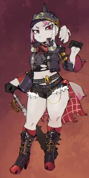 1girl black_boots black_gloves black_jacket black_shirt black_shorts boots combat_helmet commentary cosplay cropped_jacket cropped_shirt full_body furry furry_female furry_girl_(i_am_spacebar) gloves goonie-san half_gloves helmet highres jacket luciana_de_montefio luciana_de_montefio_(cosplay) midriff multicolored_hair navel original pickelhaube red_background red_eyes shirt short_shorts shorts simple_background standing streaked_hair zenless_zone_zero