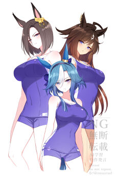 3girls admire_groove_(umamusume) ahoge air_groove_(umamusume) animal_ears bare_shoulders blue_eyes blue_hair blue_one-piece_swimsuit blush bow breasts brown_hair closed_mouth collarbone commentary_request competition_school_swimsuit covered_navel duramente_(umamusume) ear_bow ear_chain ear_covers ear_ornament hair_between_eyes hairband highres horse_ears horse_girl horse_tail large_breasts linked_piercing long_hair looking_at_viewer mole mole_under_mouth multicolored_hair multiple_girls one-piece_swimsuit piercing purple_eyes romi_(346_ura) school_swimsuit short_hair simple_background single_vertical_stripe streaked_hair swimsuit tail tracen_swimsuit umamusume white_background white_hair white_streaks yellow_bow