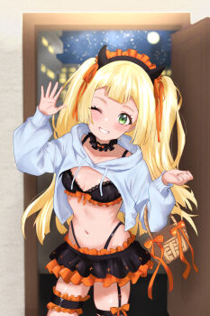 1girl absurdres black_bra black_choker black_skirt blonde_hair blush bow bow_bra bra breasts choker frilled_choker frilled_thigh_strap frills garter_straps green_eyes halloween_costume high-waist_panties highres hood hooded_jacket jacket lillie_(pokemon) long_sleeves looking_at_viewer navel nintendo one_eye_closed orange_skirt pokemon pokemon_sm shirokumaru_(yafm7388) skirt small_breasts smile solo thigh_strap two-tone_skirt underwear white_jacket