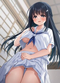 Rule 34 | 1girl, artist request, black eyes, black hair, blue neckerchief, blush, braid, breasts, character request, commentary request, copyright request, cowboy shot, from below, hand on own chest, highres, indoors, large breasts, long hair, looking at viewer, neckerchief, open mouth, pleated skirt, sailor collar, school uniform, serafuku, shirt, skirt, skirt hold, solo, standing, underboob, white sailor collar, white serafuku, white shirt, white skirt