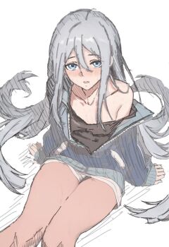 1girl black_shirt blue_eyes blue_jacket blue_shorts blush commentary hair_between_eyes highres jacket long_hair long_hair_between_eyes long_sleeves looking_at_viewer off-shoulder_jacket off-shoulder_shirt off_shoulder parted_lips partially_unzipped project_sekai shirt shorts single_bare_shoulder single_off_shoulder sitting thighs track_jacket untranslatable_commentary very_long_hair white_background white_hair wtsino yoisaki_kanade