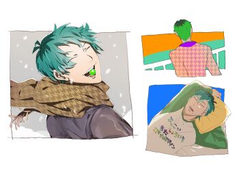 Rule 34 | 1boy, :o, antenna hair, aqua hair, arm up, asymmetrical bangs, bed, bed sheet, black border, border, brown scarf, candy, choppy bangs, closed eyes, clothes writing, commentary request, contrast lapels, cropped torso, drooling, ear piercing, earrings, facing away, facing viewer, floating clothes, floating hair, food, fringe trim, green hair, green shirt, grey shirt, grin, head on pillow, holding, holding pillow, houndstooth, hypnosis mic, inset border, jacket, jewelry, lapels, long sleeves, male focus, mouth hold, multicolored hair, multiple views, nurude sasara, on bed, open mouth, orange jacket, orange sky, piercing, pillow, portrait, railing, scarf, shirt, short hair, simple background, sky, sleeping, smile, snow, snowing, stud earrings, suit jacket, translation request, two-tone shirt, upper body, very short hair, white background, white shirt, winter, yadamou