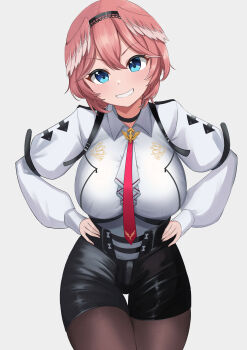 1girl absurdres black_shorts blue_eyes breasts brown_pantyhose collared_shirt commentary cowboy_shot double-parted_bangs grin hair_between_eyes hands_on_own_hips head_wings high-waist_shorts highres hololive large_breasts long_sleeves looking_at_viewer necktie pantyhose pink_hair pink_necktie puffy_sleeves ramkilog shirt short_hair shorts simple_background smile solo takane_lui takane_lui_(1st_costume) thigh_gap tight_clothes tight_shirt v-shaped_eyebrows virtual_youtuber white_background white_shirt wings