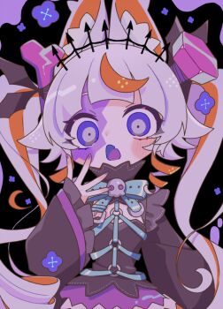 1girl animal_ear_fluff animal_ears black_background blue_bow blue_bowtie blush bow bowtie brown_shirt cat_ears cat_girl colored_tongue commentary_request fang frilled_sleeves frills grey_hair hair_ornament hand_up long_sleeves looking_at_viewer mochimura_sorata multicolored_hair open_mouth orange_hair original purple_eyes purple_tongue shirt skin_fang solo streaked_hair twintails two-tone_hair upper_body wide_sleeves