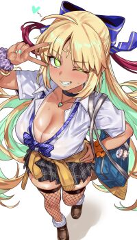 1girl absurdres ahoge alternate_breast_size_(larger) alternate_costume artoria_caster_(fate) artoria_caster_(third_ascension)_(fate) artoria_pendragon_(fate) black_skirt blonde_hair blue_ribbon blush bow bowtie bracelet breasts brown_shoes choker cleavage collared_shirt colored_inner_hair contemporary ebora facial_mark fate/grand_order fate_(series) fishnet_thighhighs fishnets forehead_mark green_eyes green_hair grin gyaru hair_ribbon highres jewelry kogal lipstick loafers long_hair looking_at_viewer makeup miniskirt multicolored_hair necklace one_eye_closed pendant revision ribbon scrunchie shirt shoes short_sleeves skirt smile tan tanline thighhighs twintails variant_set white_shirt wrist_scrunchie