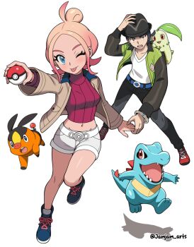 1boy 1girl 3others black_hat black_jacket black_pants black_shoes blue_eyes blush bracelet brown_jacket chikorita closed_mouth collarbone gen_2_pokemon gen_5_pokemon hat holding holding_hands holding_poke_ball jacket jamjamstyle jewelry looking_at_viewer midriff multiple_others navel nintendo one_eye_closed open_mouth pants paxton_(pokemon) pink_hair poke_ball pokemon pokemon_(creature) pokemon_legends:_z-a shirt shoes short_shorts shorts simple_background smile taunie_(pokemon) tepig tongue totodile white_background white_shirt white_shorts