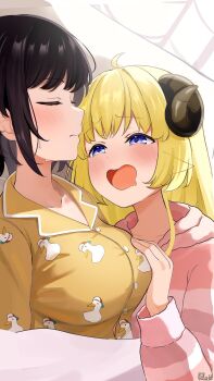 2girls ahoge black_hair black_horns blanket blonde_hair blue_eyes blush breasts character_print closed_eyes closed_mouth commentary_request curled_horns drooling female_pervert furrowed_brow grabbing_another&#039;s_breast groping hand_on_another&#039;s_chest highres hololive horns large_breasts leo_(f_mmmnkm_paint) long_hair long_sleeves lying mouth_drool multiple_girls on_back oozora_subaru open_mouth orange_pajamas pajamas pervert pink_sweater profile sheep_girl sheep_horns short_hair signature striped_clothes striped_sweater subaru_duck sweat sweater tsunomaki_watame under_covers virtual_youtuber yuri