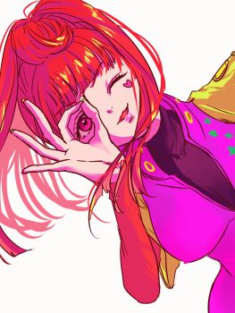 1girl blunt_bangs commentary_request earrings gnosia hair_between_eyes half_up_bun heart heart_earrings heart_tattoo high_ponytail highres jewelry long_hair long_sleeves looking_at_viewer nail_polish nan_(wakuwakufanyu) ponytail red_eyes red_hair simple_background smile solo sq_(gnosia) tattoo upper_body