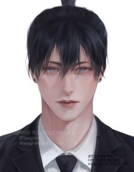 1boy black_hair blue_eyes bluesky_username chainsaw_man collared_shirt commentary earrings english_commentary hair_between_eyes hayakawa_aki jacket jewelry korean_text lips looking_at_viewer male_focus nose portrait seagnalis shirt short_hair simple_background solo suit_jacket topknot translation_request twitter_username white_background white_shirt