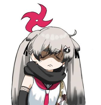 1girl :< a_(mitei7926) animal_ears blue_archive closed_eyes ears_down grey_hair halo long_hair michiru_(blue_archive) neckerchief raccoon_ears raccoon_girl raccoon_hair_ornament red_neckerchief shaded_face simple_background solo twintails white_background