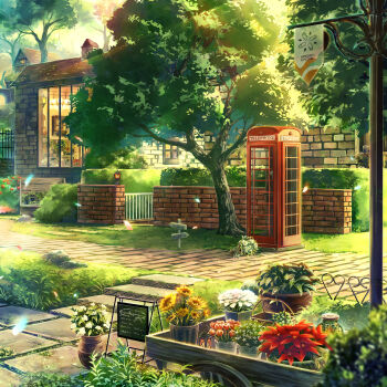 absurdres banner brick_wall building commentary commentary_request day english_commentary english_text flower highres light_rays mixed-language_commentary no_humans original outdoors path phone_booth plant potted_plant red_eyes road rua_keep_love scenery sign sunbeam sunlight tree white_background yellow_flower