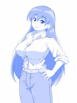 arato_nagi belt breasts denim earrings hand_on_own_hip highres jeans jewelry large_breasts long_hair monochrome pants ruri_no_houseki shirt shirt_tucked_in sleeves_rolled_up smile solo viperxtr white_background