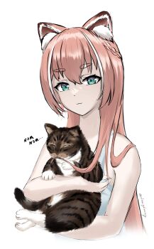 absurdres animal animal_ear_fluff animal_ears bare_shoulders cat chia-yu_huang closed_mouth green_eyes highres holding holding_animal holding_cat indie_virtual_youtuber long_hair looking_at_viewer red_panda_ears red_panda_girl shirt white_shirt yuria_of_ailurus