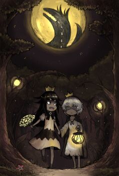 Rule 34 | 1boy, 1girl, beamed eighth notes, black eyes, black hair, blindfold, bow, bowtie, cape, covered eyes, crown, crying, dress, fireflies, flower, forest, happy, highres, holding hands, lantern, liar princess, liar princess (wolf form), linne (under night in-birth), long hair, looking at another, moon, musical note, nature, nervous, night, open mouth, plant, puffy short sleeves, puffy sleeves, sharp teeth, short hair, short sleeves, sky, smile, tears, teeth, usotsuki hime to moumoku ouji, vines, walking, white hair, wolf